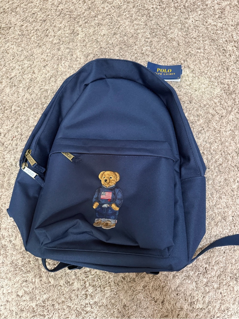 Polo Ralph Lauren School Backpack Bear Logo Navy Blue Laptop Pocket Backpack Bag